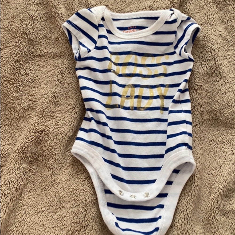 Blue and white striped boss lady onesie